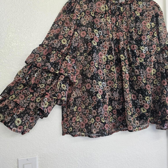 Calligraphie Women's Black Orange Floral All Over Print Ruffles Long Sleeves M - Picture 3 of 7
